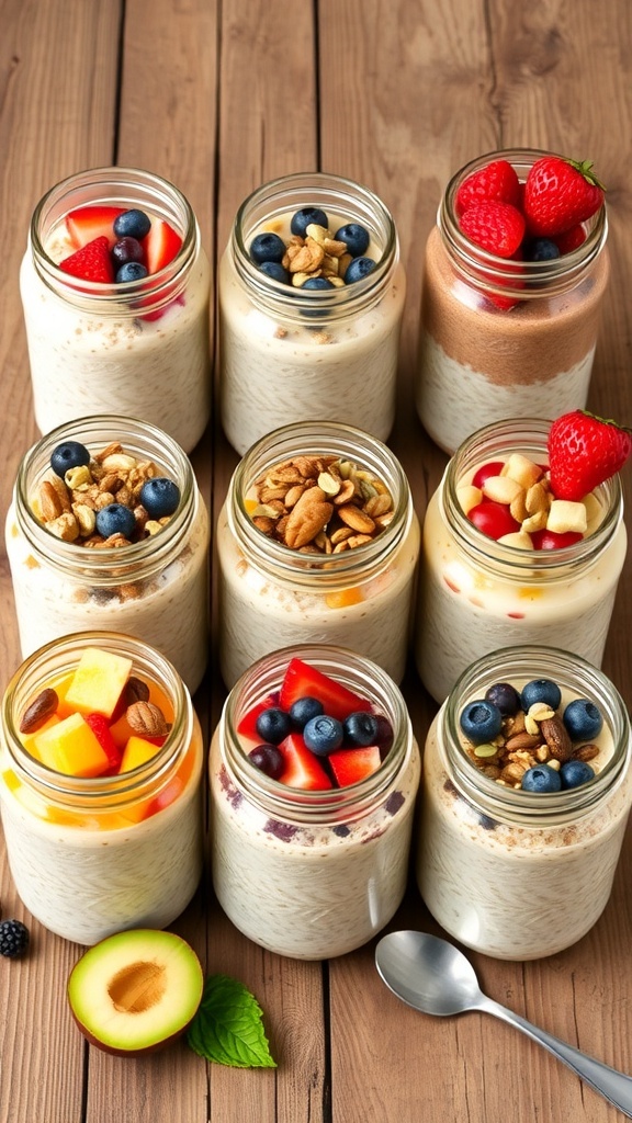 Six jars of overnight oats with various toppings on a wooden table.